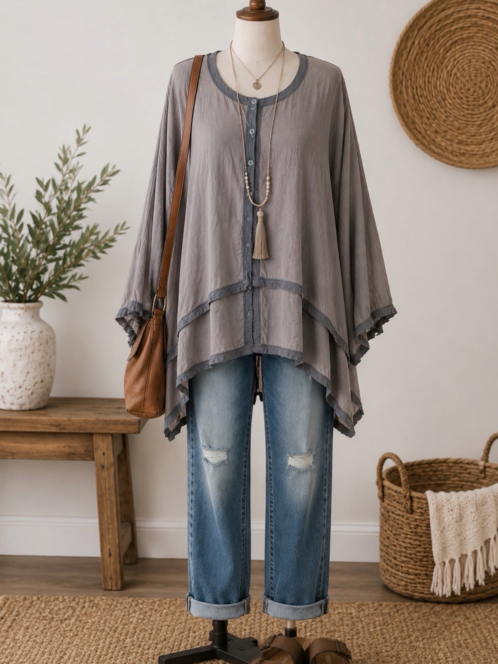 Vintage Lagenlook Size 2 US L Bohemian Long Top With Oversized Attached Jacket